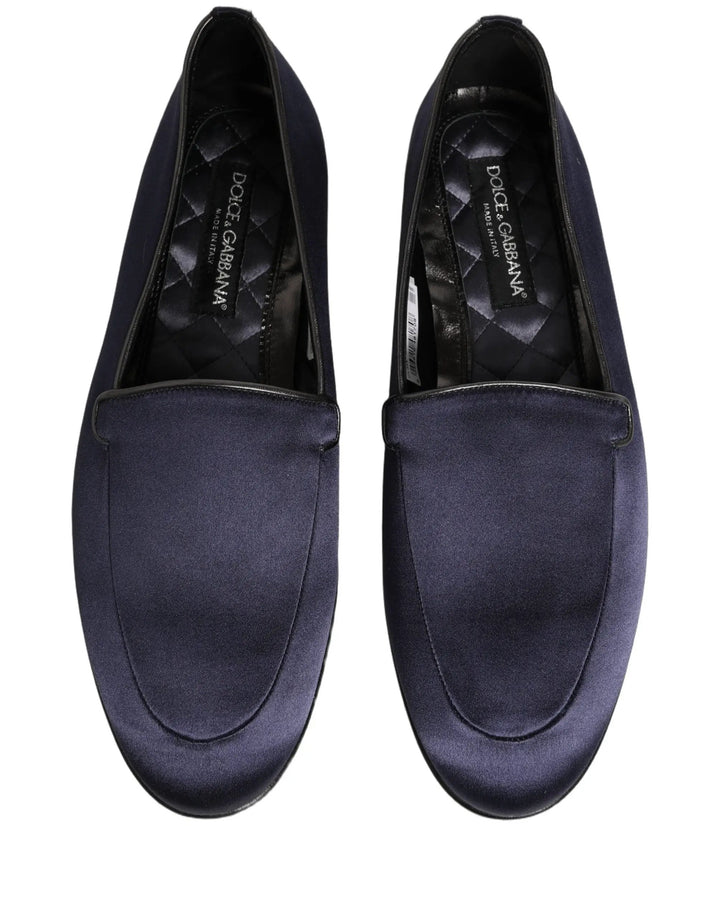 Dolce &amp; Gabbana Blue Satin Logo Slip On Flats Loafers Shoes