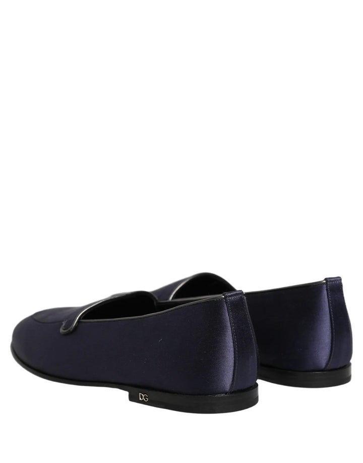 Dolce &amp; Gabbana Blue Satin Logo Slip On Flats Loafers Shoes