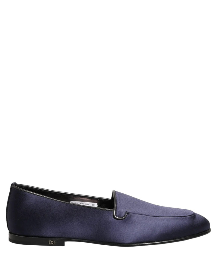 Dolce &amp; Gabbana Blue Satin Logo Slip On Flats Loafers Shoes