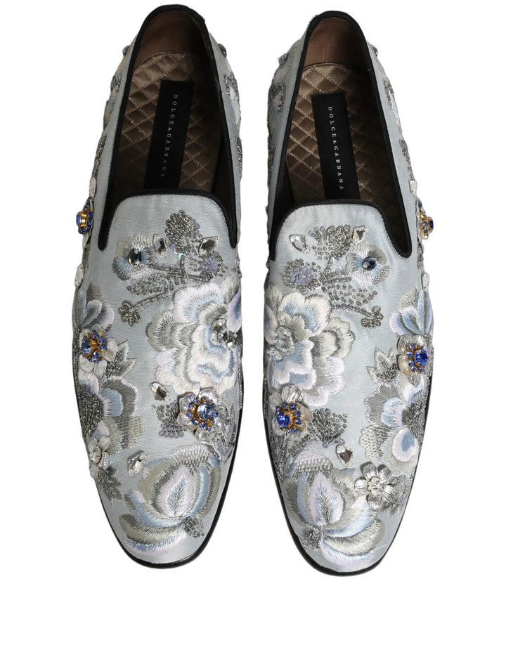 Dolce &amp; Gabbana White Floral Embellished Men Loafers  Shoes