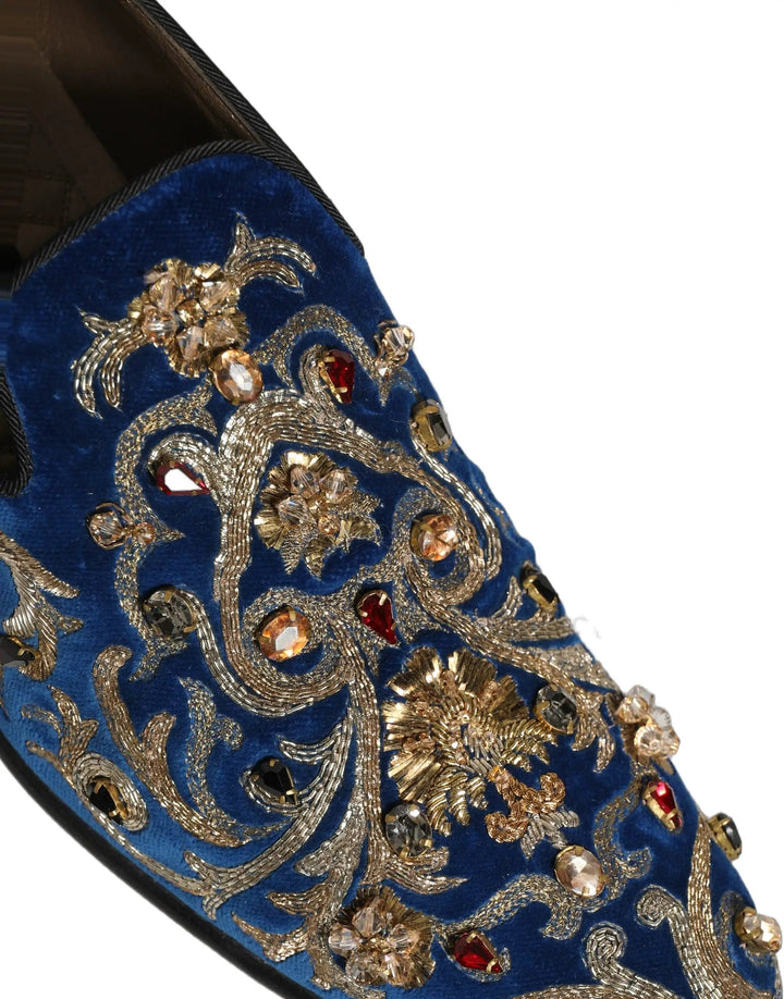 Dolce &amp; Gabbana Blue Velvet Embellished Dress Loafers Shoes