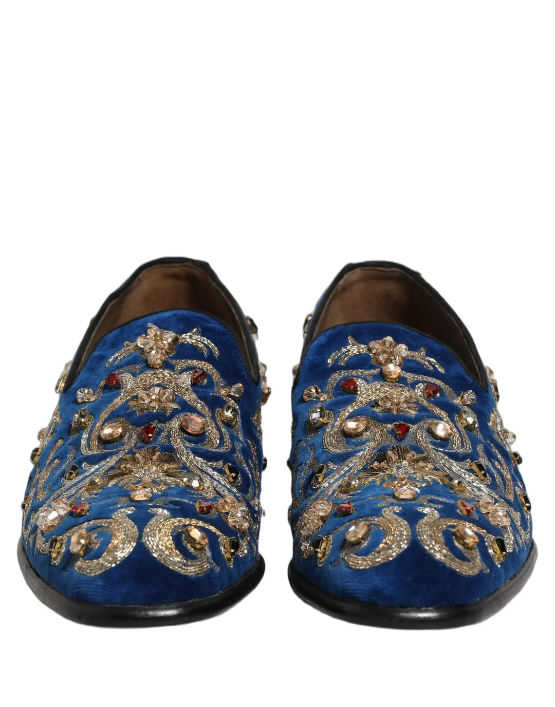 Dolce &amp; Gabbana Blue Velvet Embellished Dress Loafers Shoes