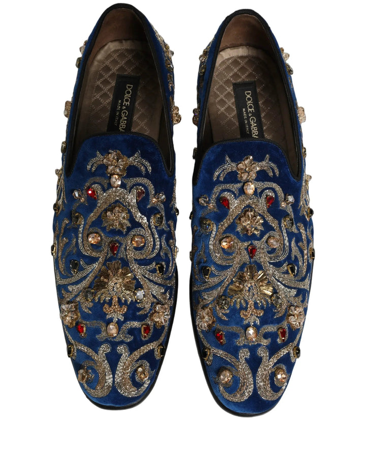 Dolce &amp; Gabbana Blue Velvet Embellished Dress Loafers Shoes