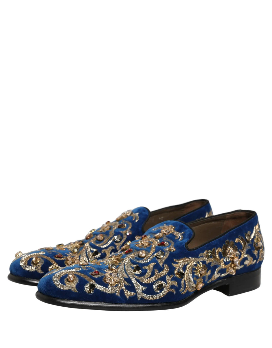Dolce &amp; Gabbana Blue Velvet Embellished Dress Loafers Shoes