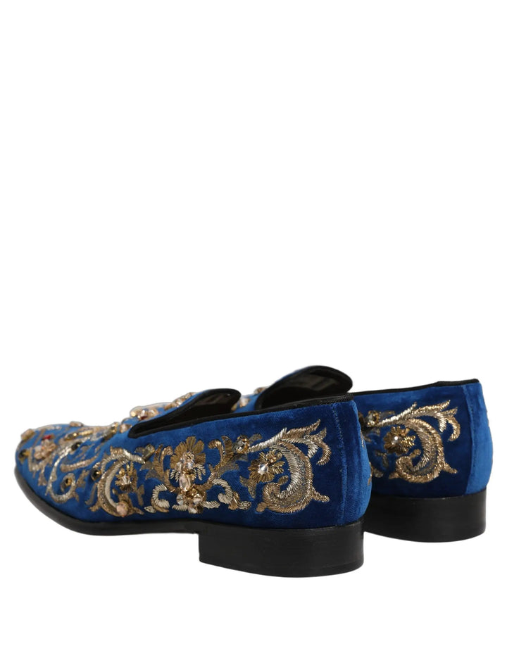 Dolce &amp; Gabbana Blue Velvet Embellished Dress Loafers Shoes