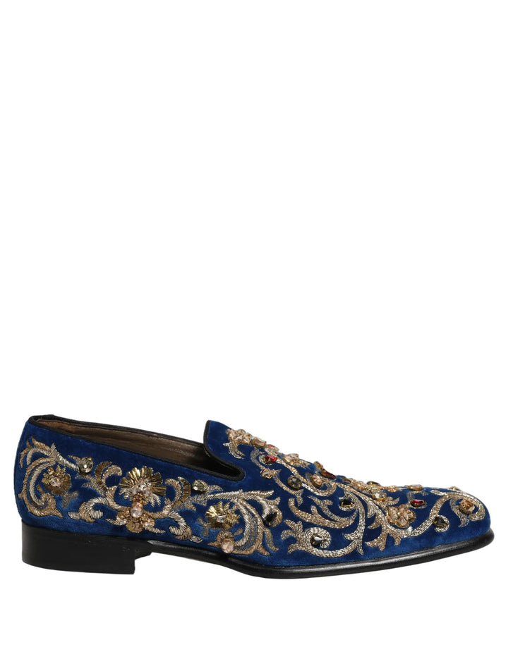 Dolce &amp; Gabbana Blue Velvet Embellished Dress Loafers Shoes