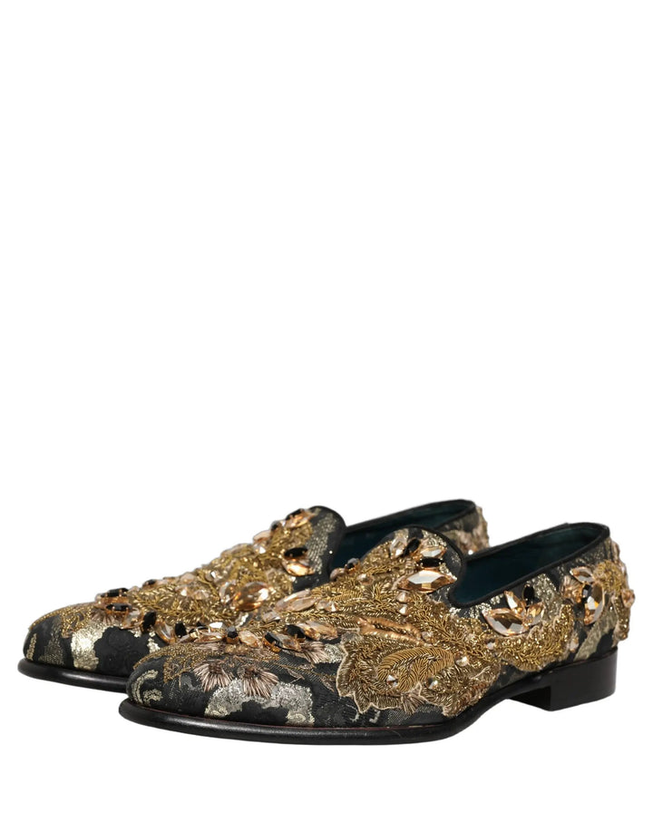Dolce &amp; Gabbana Black Velvet Embellished Dress Loafers Shoes