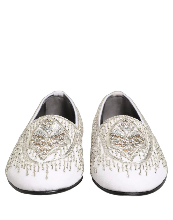 Dolce &amp; Gabbana White Satin Embellished Dress Loafers Shoes