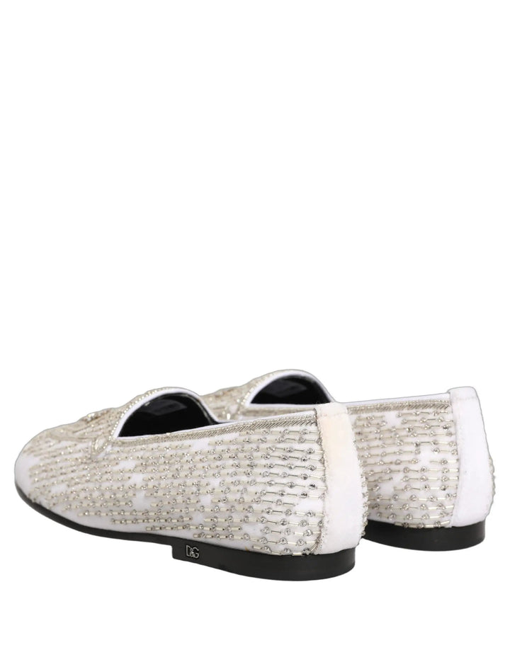 Dolce &amp; Gabbana White Satin Embellished Dress Loafers Shoes