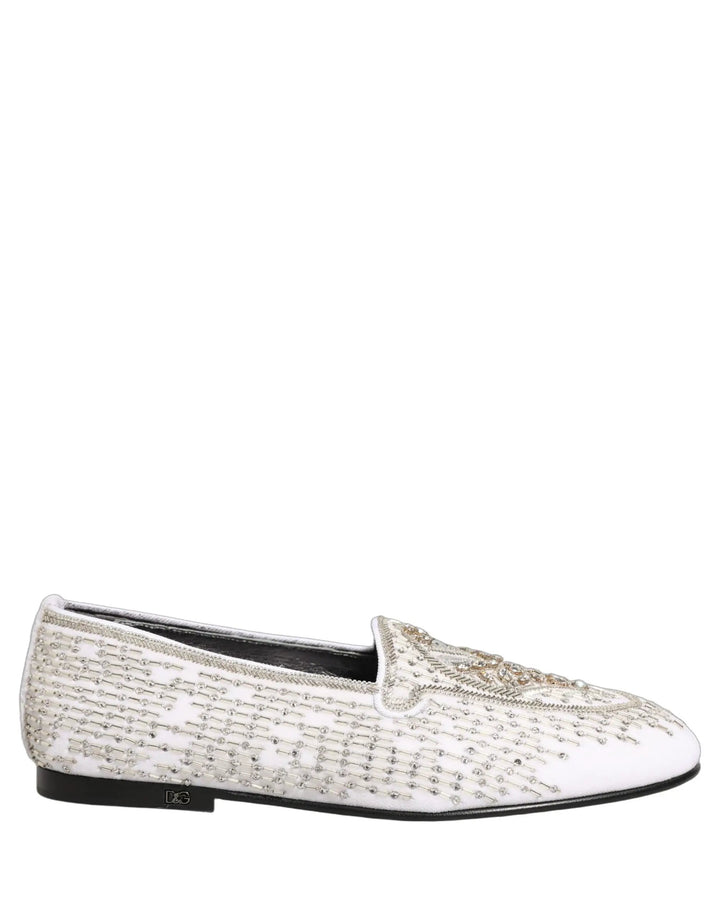 Dolce &amp; Gabbana White Satin Embellished Dress Loafers Shoes