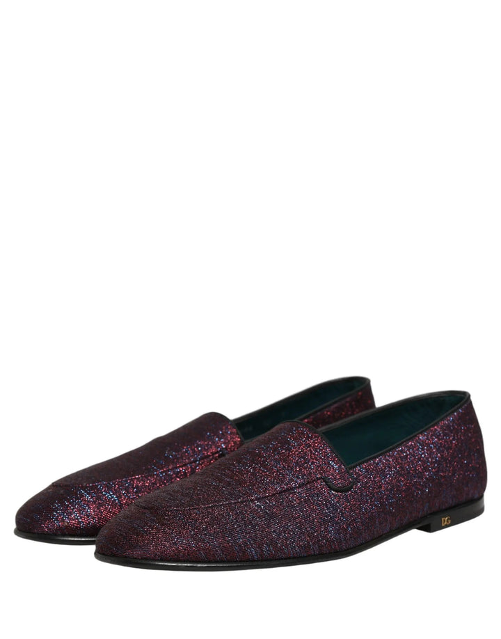 Dolce &amp; Gabbana Maroon Glitter Lurex Logo Dress Loafers Shoes