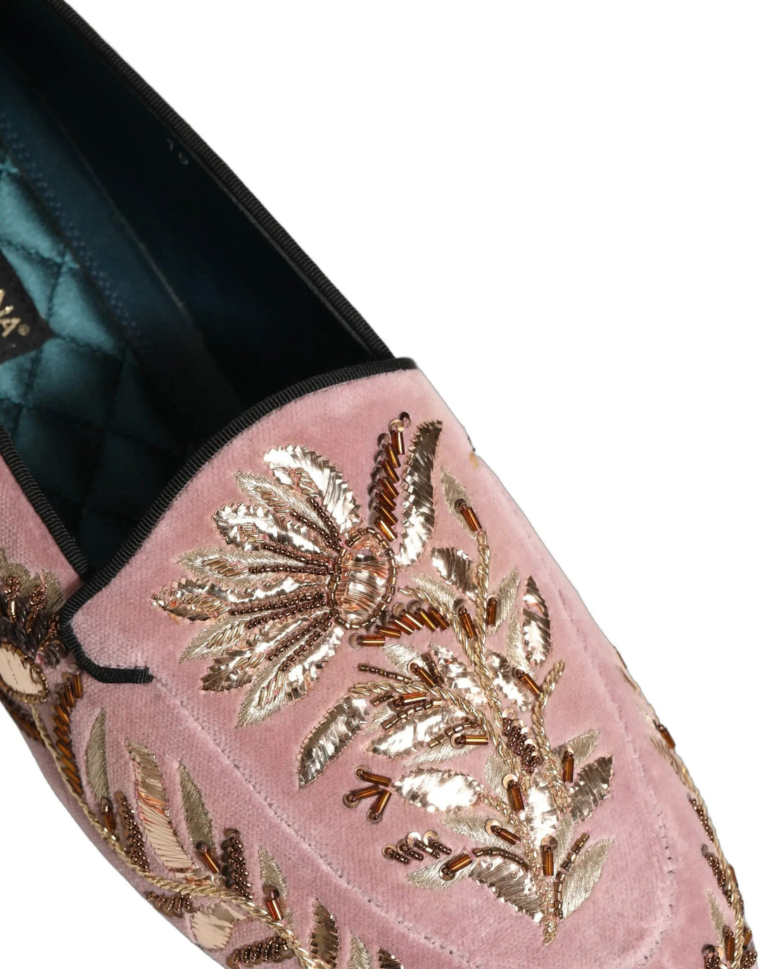 Dolce &amp; Gabbana Pink Velvet Floral Embroidery Loafers Shoes