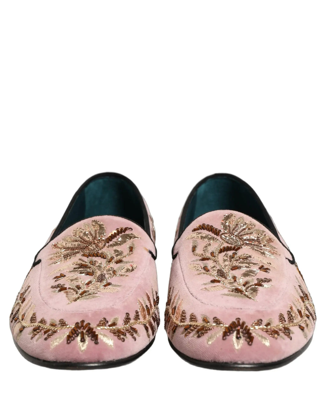 Dolce &amp; Gabbana Pink Velvet Floral Embroidery Loafers Shoes