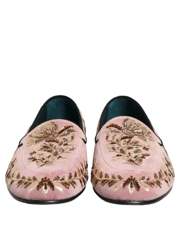 Dolce &amp; Gabbana Pink Velvet Floral Embroidery Loafers Shoes