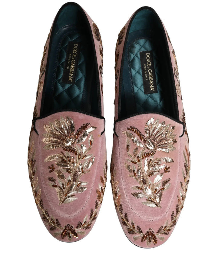 Dolce &amp; Gabbana Pink Velvet Floral Embroidery Loafers Shoes