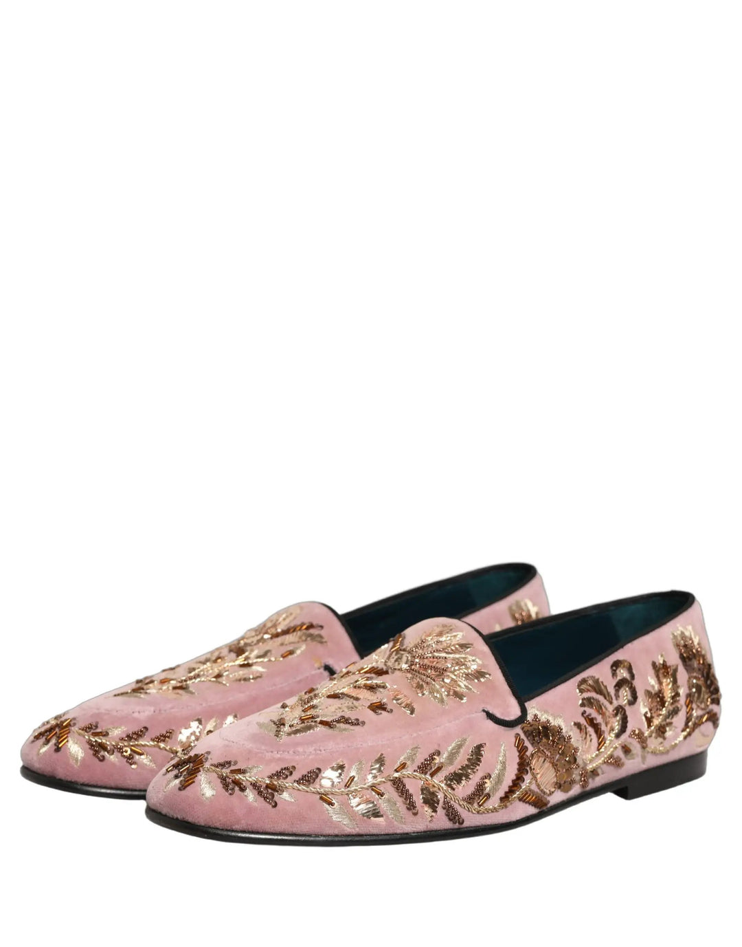 Dolce &amp; Gabbana Pink Velvet Floral Embroidery Loafers Shoes