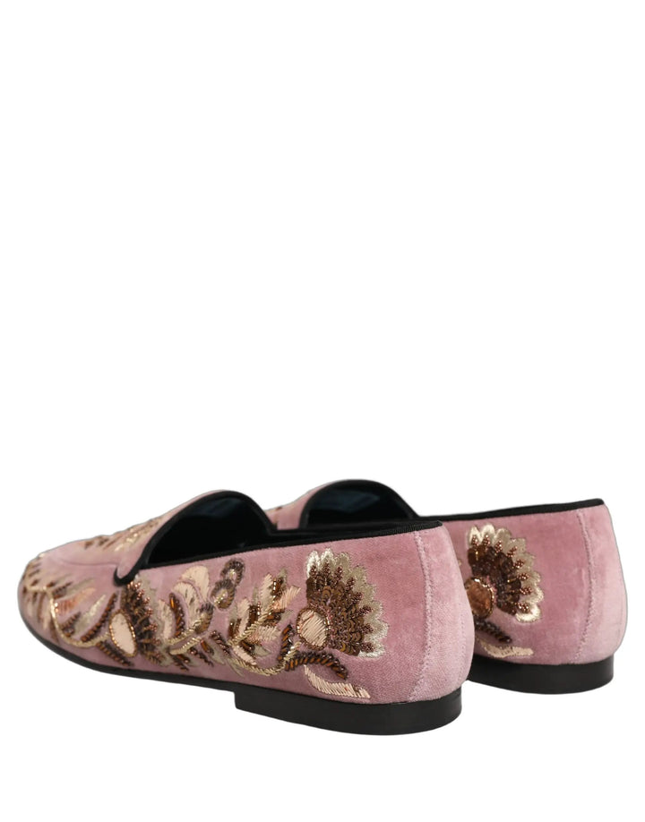 Dolce &amp; Gabbana Pink Velvet Floral Embroidery Loafers Shoes