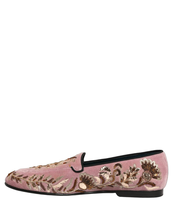 Dolce &amp; Gabbana Pink Velvet Floral Embroidery Loafers Shoes