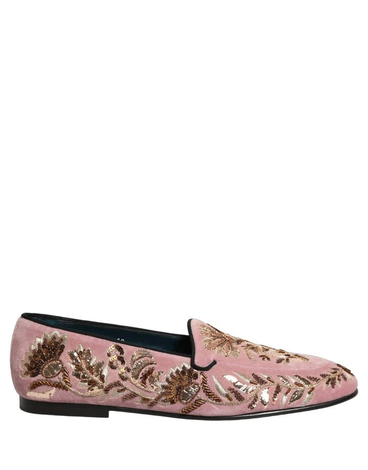 Dolce &amp; Gabbana Pink Velvet Floral Embroidery Loafers Shoes
