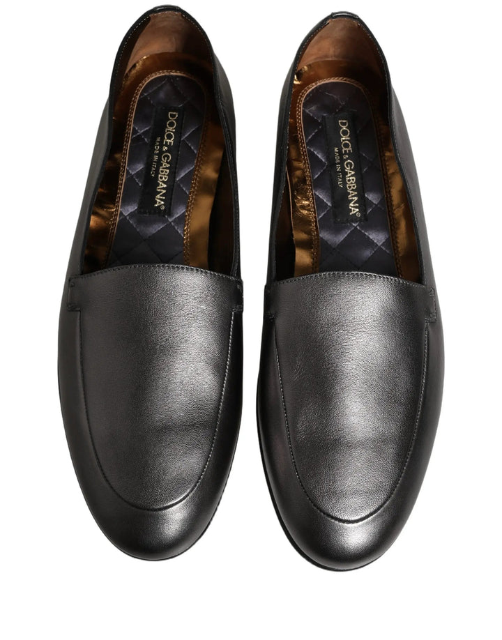 Dolce &amp; Gabbana Silver Leather DG Logo Slip On Loafers Shoes