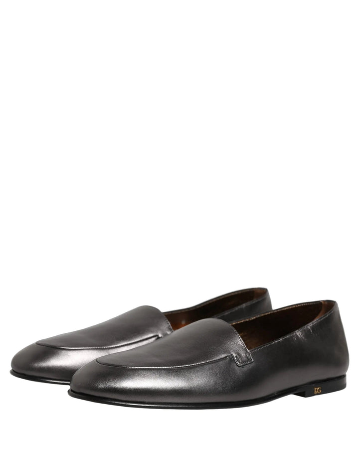 Dolce &amp; Gabbana Silver Leather DG Logo Slip On Loafers Shoes
