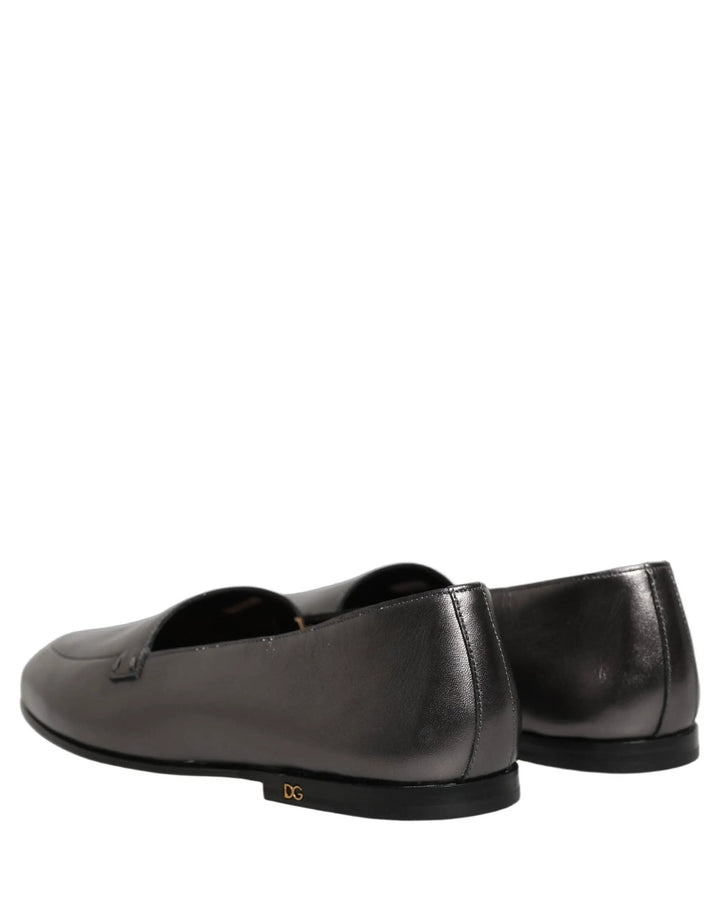 Dolce &amp; Gabbana Silver Leather DG Logo Slip On Loafers Shoes