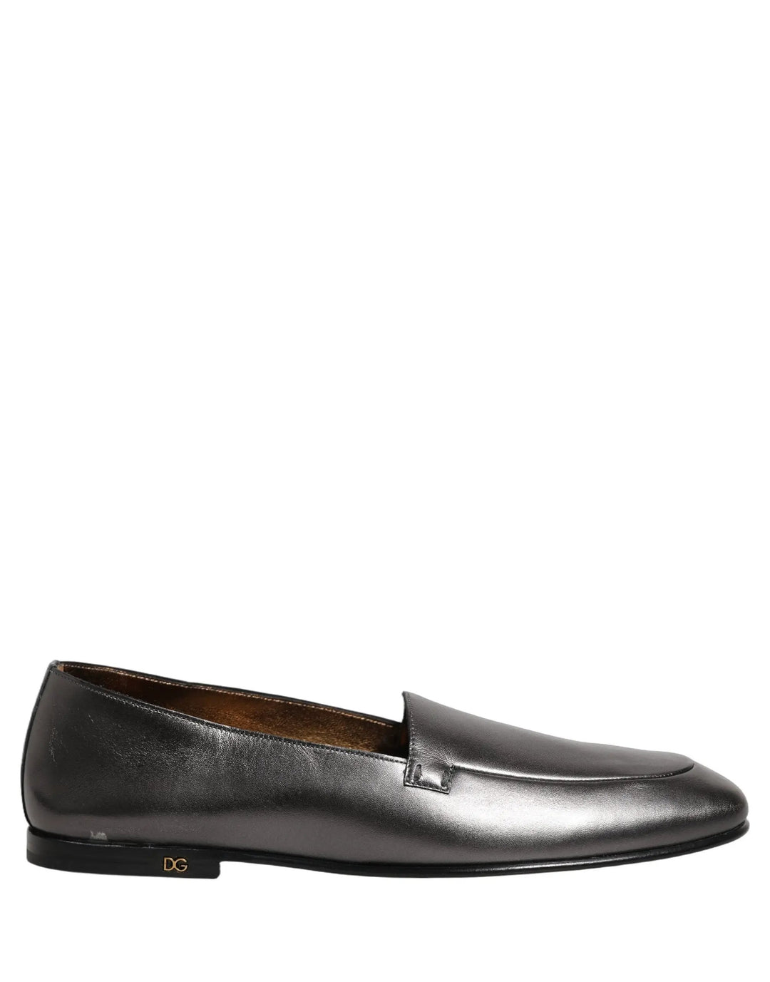Dolce &amp; Gabbana Silver Leather DG Logo Slip On Loafers Shoes