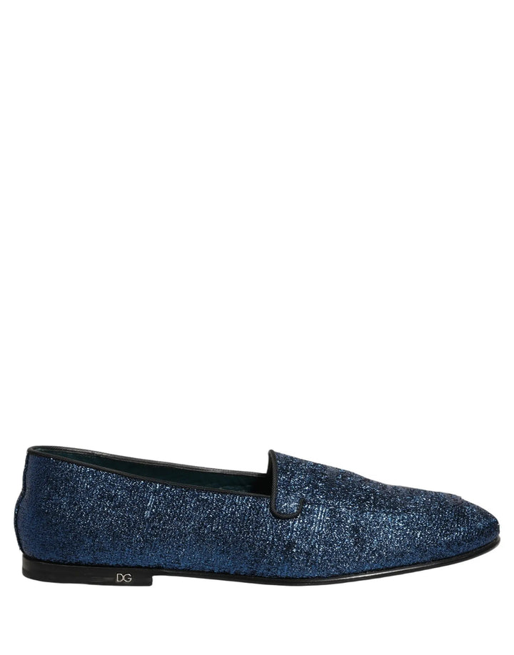 Dolce &amp; Gabbana Blue Glitter Lurex DG Logo Dress Loafers Shoes