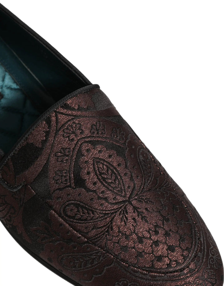 Dolce &amp; Gabbana Maroon Jacquard Leather Slip On Loafers Shoes