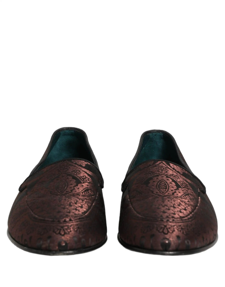 Dolce &amp; Gabbana Maroon Jacquard Leather Slip On Loafers Shoes