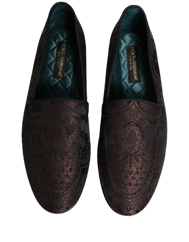 Dolce &amp; Gabbana Maroon Jacquard Leather Slip On Loafers Shoes