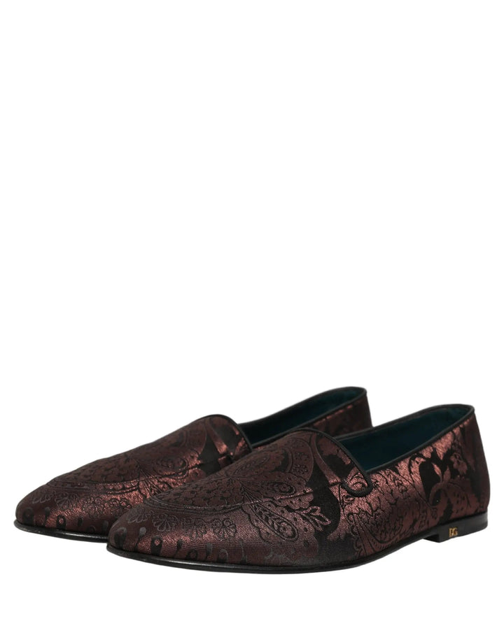 Dolce &amp; Gabbana Maroon Jacquard Leather Slip On Loafers Shoes