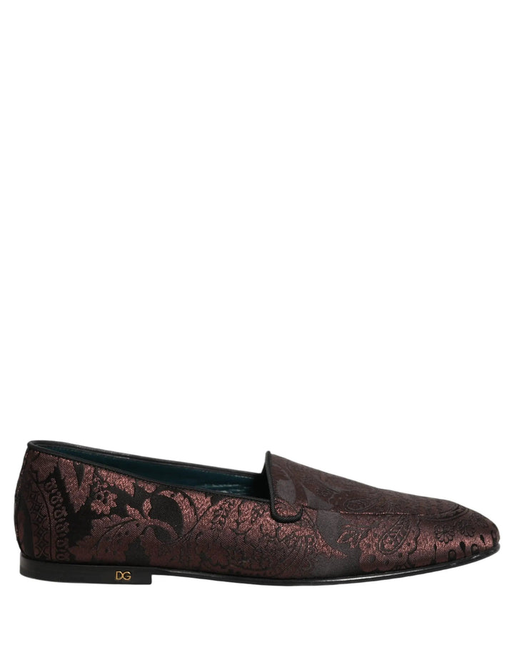 Dolce &amp; Gabbana Maroon Jacquard Leather Slip On Loafers Shoes
