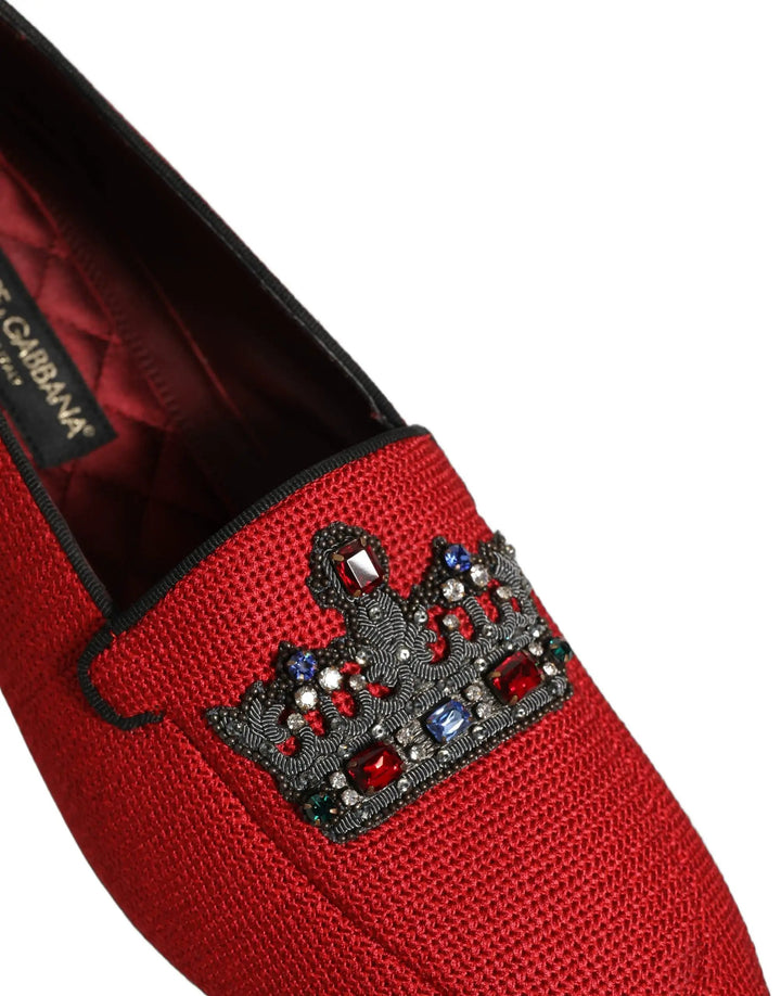 Dolce &amp; Gabbana Red Crown Embellished Dress Loafers Shoes