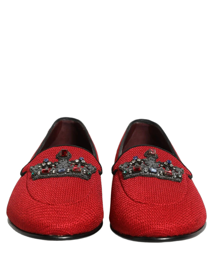 Dolce &amp; Gabbana Red Crown Embellished Dress Loafers Shoes