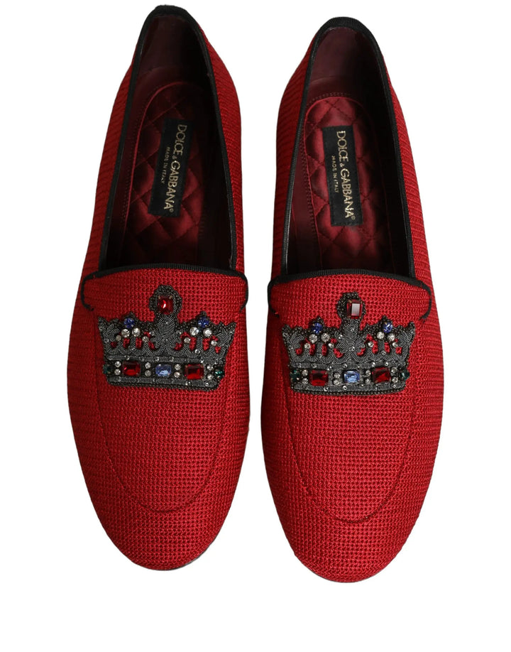 Dolce &amp; Gabbana Red Crown Embellished Dress Loafers Shoes
