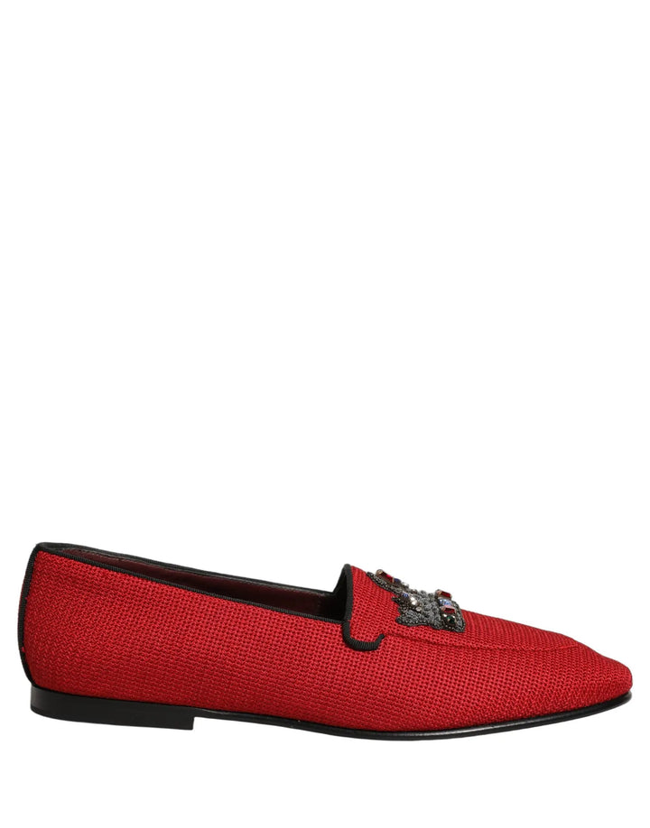 Dolce &amp; Gabbana Red Crown Embellished Dress Loafers Shoes
