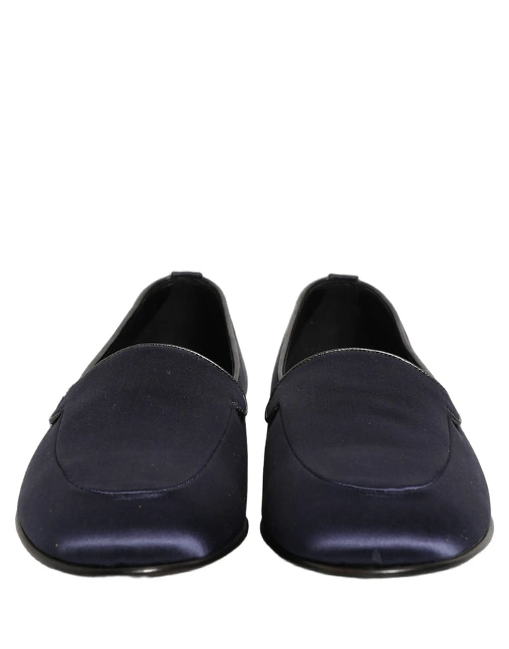Dolce &amp; Gabbana Navy Blue Satin DG Logo Dress Loafers Shoes