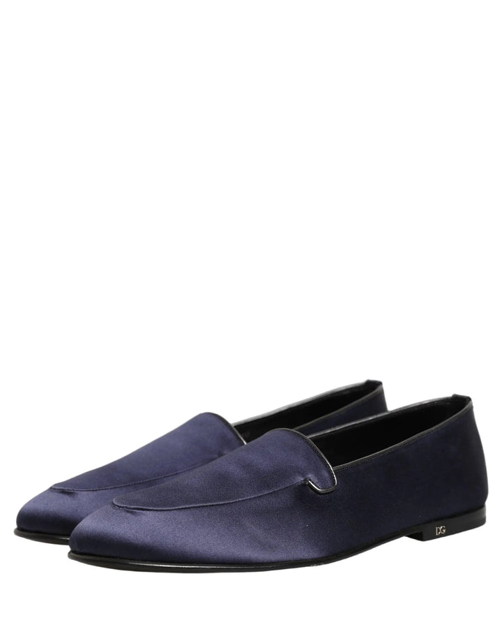 Dolce &amp; Gabbana Navy Blue Satin DG Logo Dress Loafers Shoes