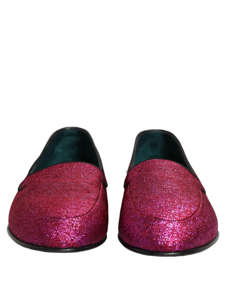 Dolce &amp; Gabbana Pink Glitter Lurex Logo Dress Loafers Shoes