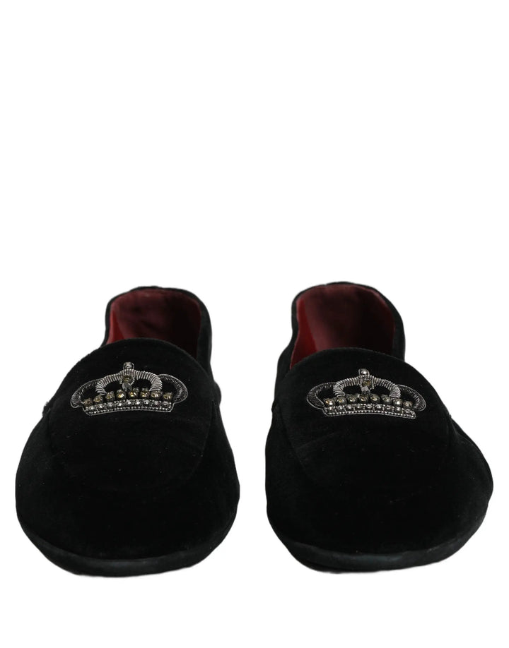 Dolce &amp; Gabbana Black Crown Embellished Dress Loafers Shoes