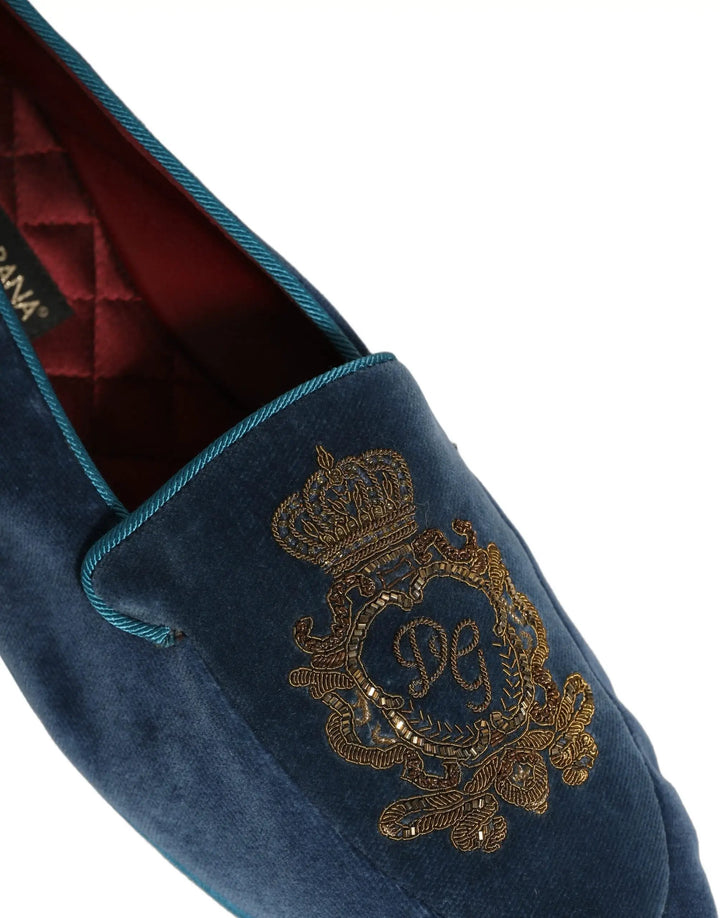 Dolce &amp; Gabbana Blue Velvet Crown Embroidery Loafers Shoes