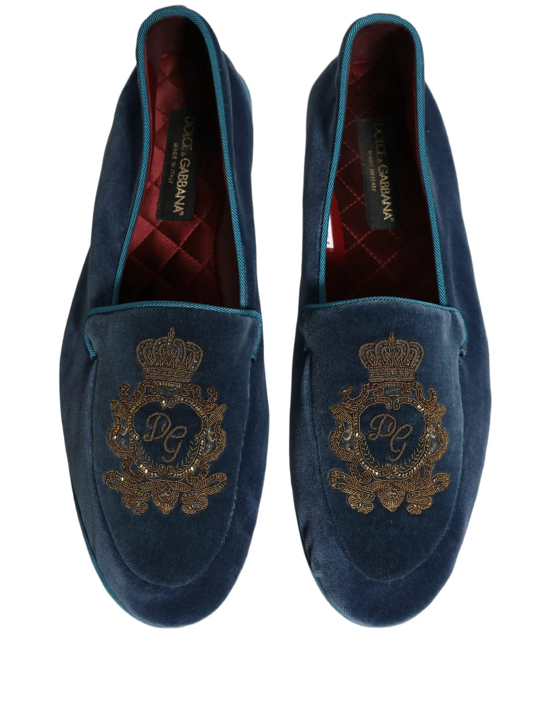 Dolce &amp; Gabbana Blue Velvet Crown Embroidery Loafers Shoes