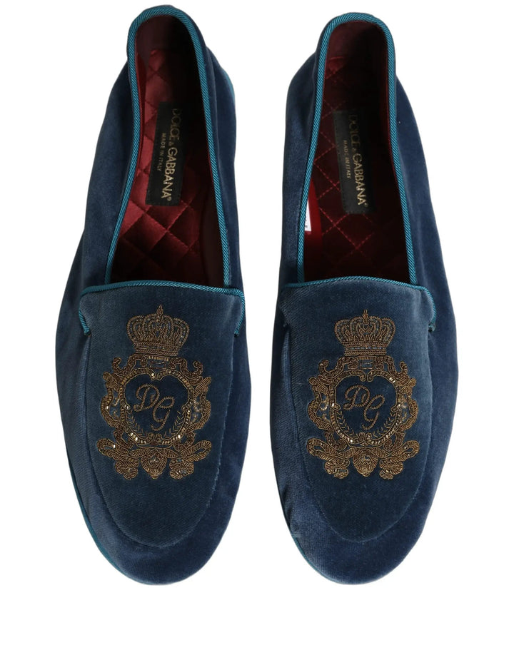 Dolce &amp; Gabbana Blue Velvet Crown Embroidery Loafers Shoes