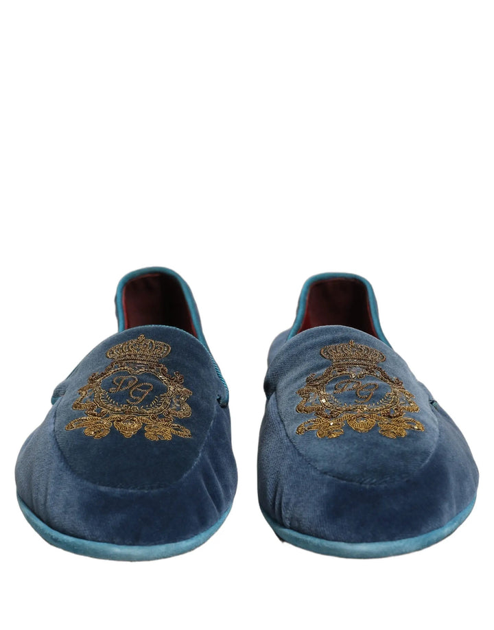 Dolce &amp; Gabbana Blue Velvet Crown Embroidery Loafers Shoes