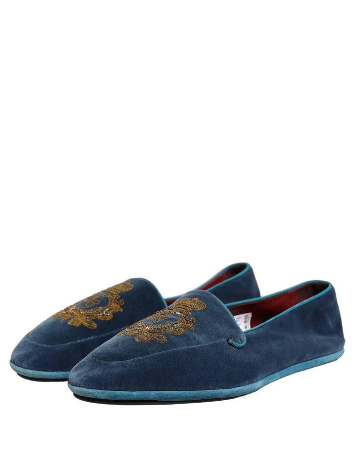 Dolce &amp; Gabbana Blue Velvet Crown Embroidery Loafers Shoes