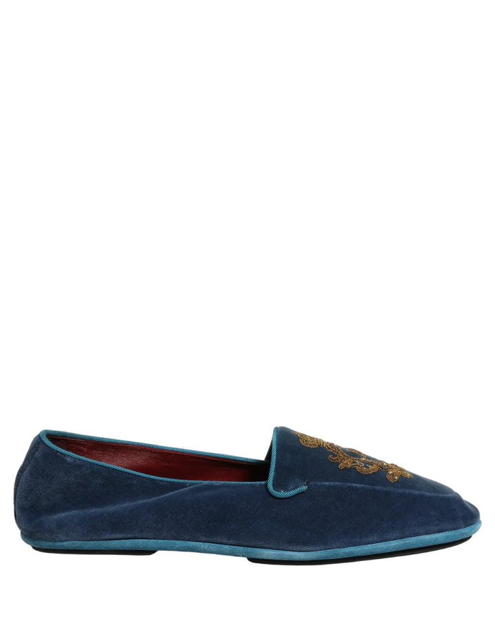 Dolce &amp; Gabbana Blue Velvet Crown Embroidery Loafers Shoes