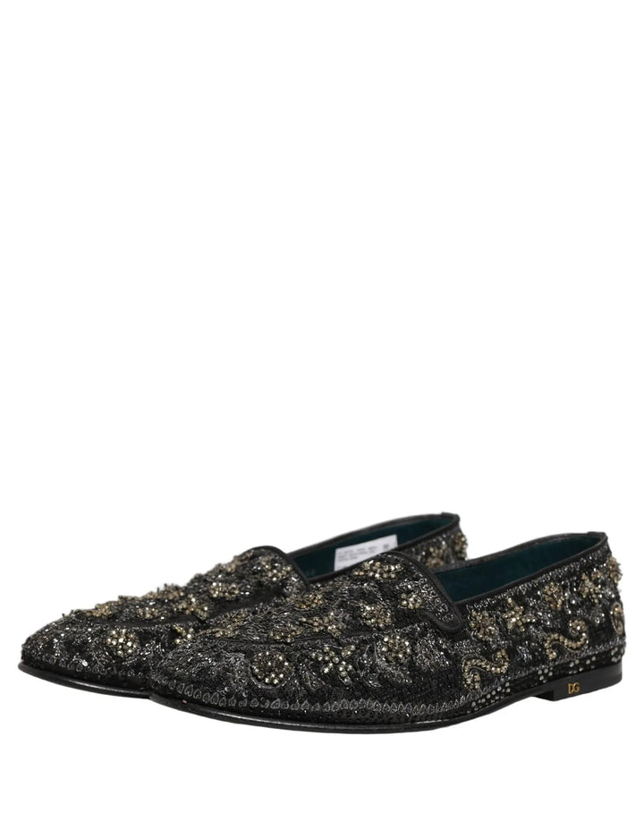 Dolce &amp; Gabbana Black Rhinestone Embellished Loafers Shoes