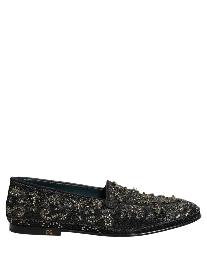 Dolce &amp; Gabbana Black Rhinestone Embellished Loafers Shoes
