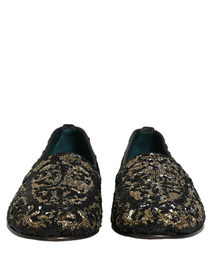 Dolce &amp; Gabbana Black Gold Embellished Dress Loafers Shoes